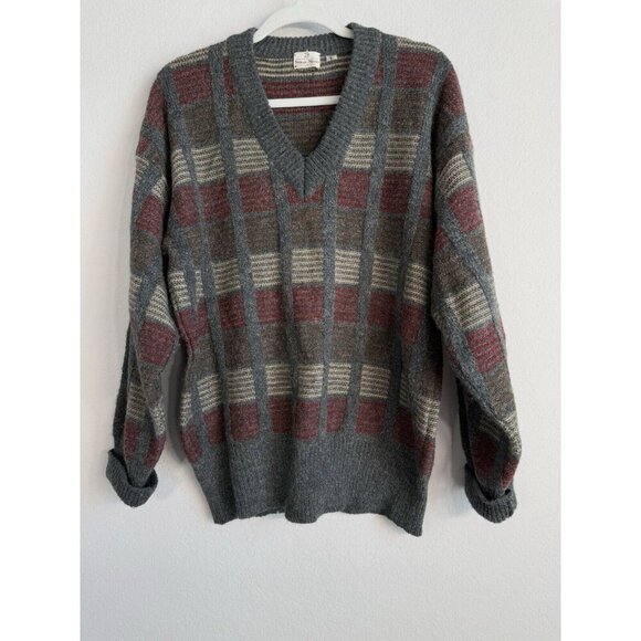 Vintage Neiman Marcus Brown Maroon Gray Color Block Wool V-Neck Sweater Size L - Picture 1 of 10